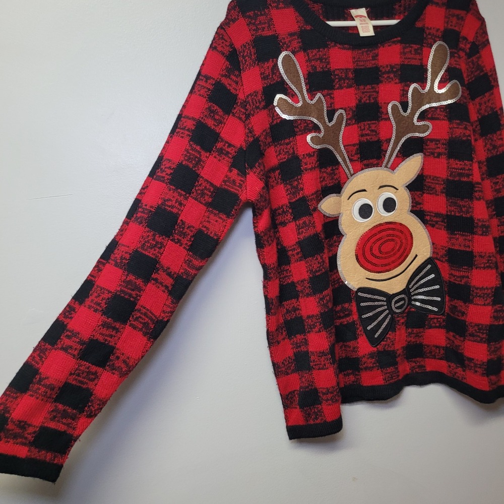 Holiday Time Reindeer Buffalo Plaid Christmas Sweater XL 16-18 Red Black Sequin‎ - Picture 3 of 6